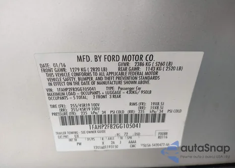 2016 Ford Taurus Limited from USA, damaged, VIN 1FAHP2F82GG105041